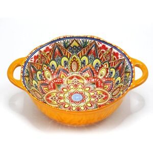 Boho Ceramic Orange Serving Bowl with Handles, Large Porcelain Salad Bowl